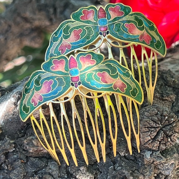Vintage Cloisonné Butterfly Green Hair Comb Set - Picture 2 of 9
